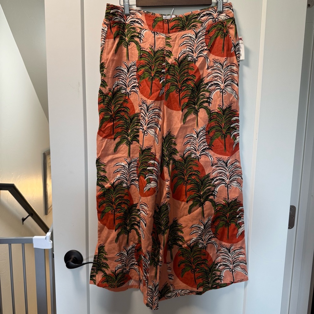 NWOT‎ Nicole Miller 100% Linen Pants Tropical Coastal Cropped Wide Flare Pant L